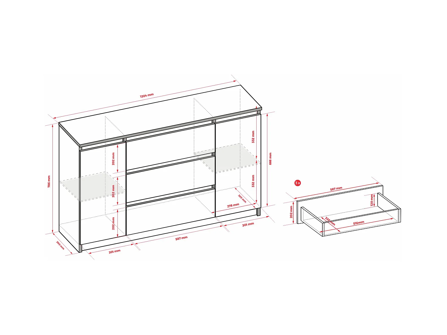 Cômoda: Carvalho Sonoma, 120 x 39 x 78 cm, 2 portas, 3 gavetas