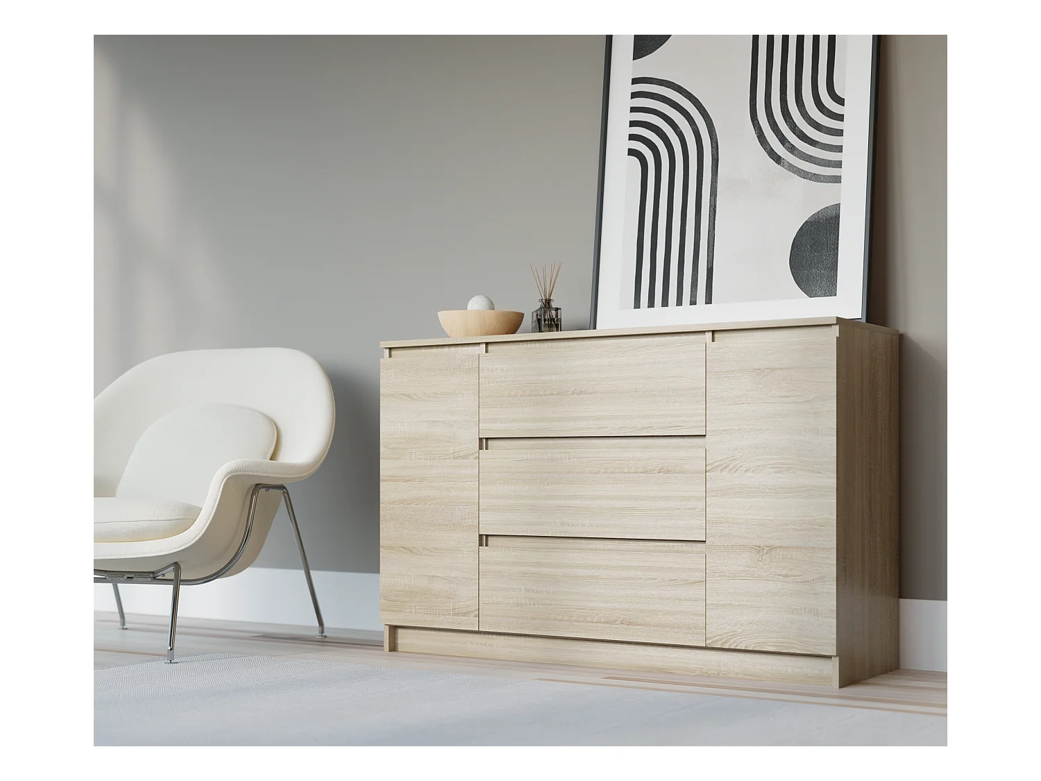 Commode : Chêne Sonoma, 120 x 39 x 78 cm, 2 portes, 3 tiroirs