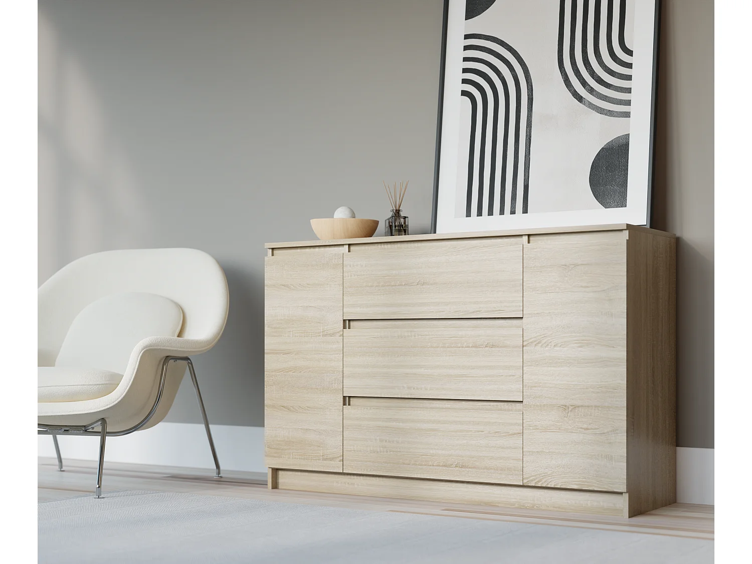 Commode : Chêne Sonoma, 120 x 39 x 78 cm, 2 portes, 3 tiroirs