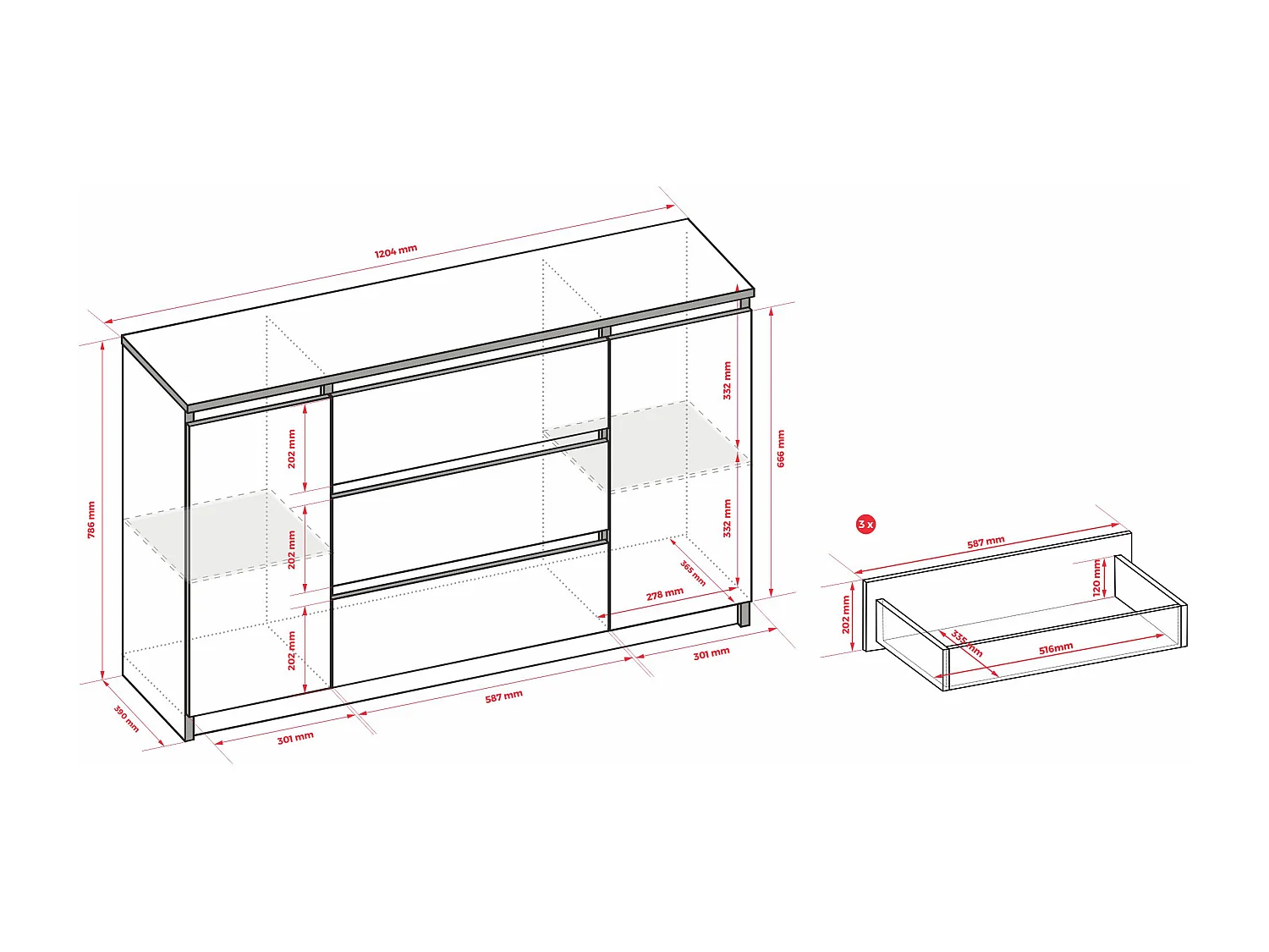 Commode : Chêne Sonoma, 120 x 39 x 78 cm, 2 portes, 3 tiroirs