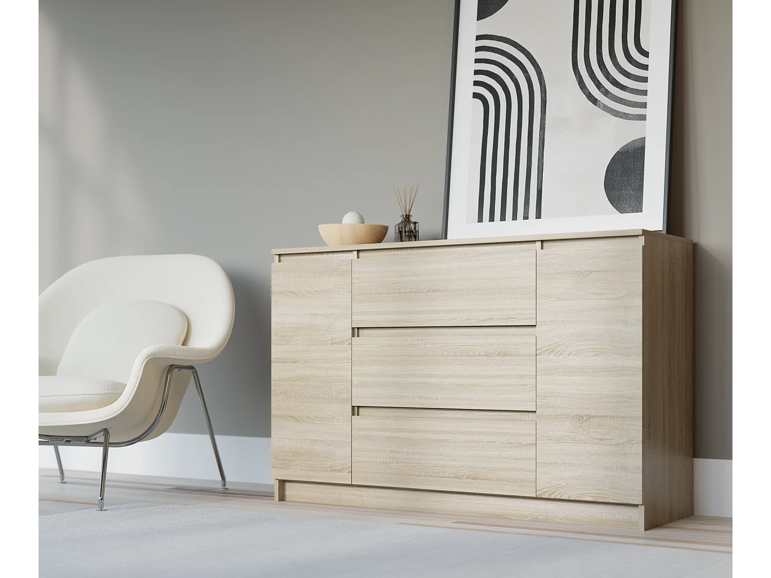 Cômoda: Carvalho Sonoma, 120 x 39 x 78 cm, 2 portas, 3 gavetas