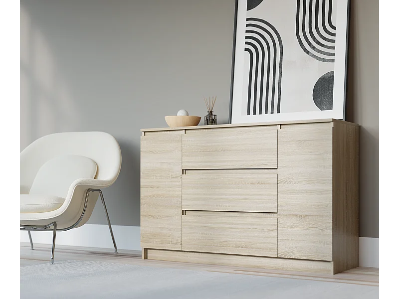 Cômoda: Carvalho Sonoma, 120 x 39 x 78 cm, 2 portas, 3 gavetas