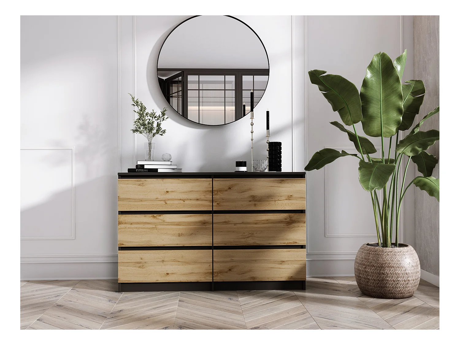 Kommode mit 6 Schubladen: Mattschwarz / Wotan-Eiche, 120 x 39 x 79 cm