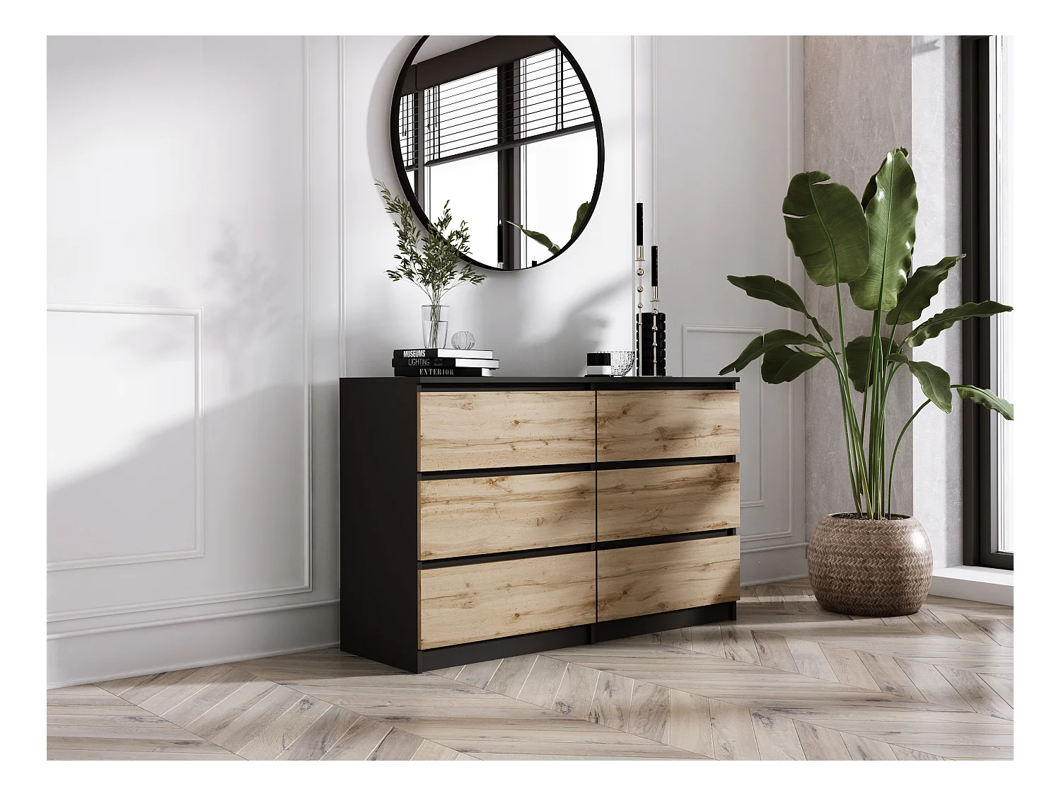 Commode 6 Tiroirs :  Noir Mat / Chêne Wotan, 120 x 39 x 79 cm