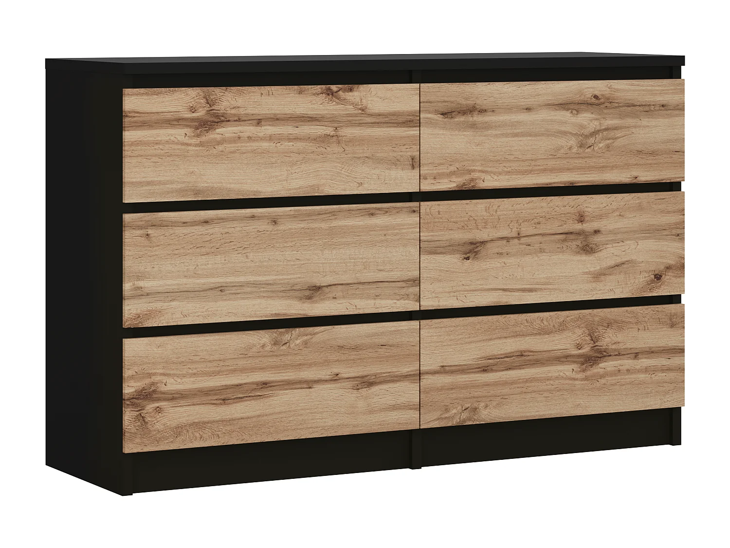 Cômoda com 6 gavetas: Preto Mate / Carvalho Wotan, 120 x 39 x 79 cm