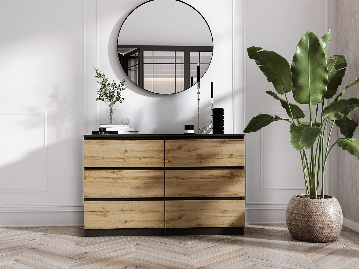 Cômoda com 6 gavetas: Preto Mate / Carvalho Wotan, 120 x 39 x 79 cm