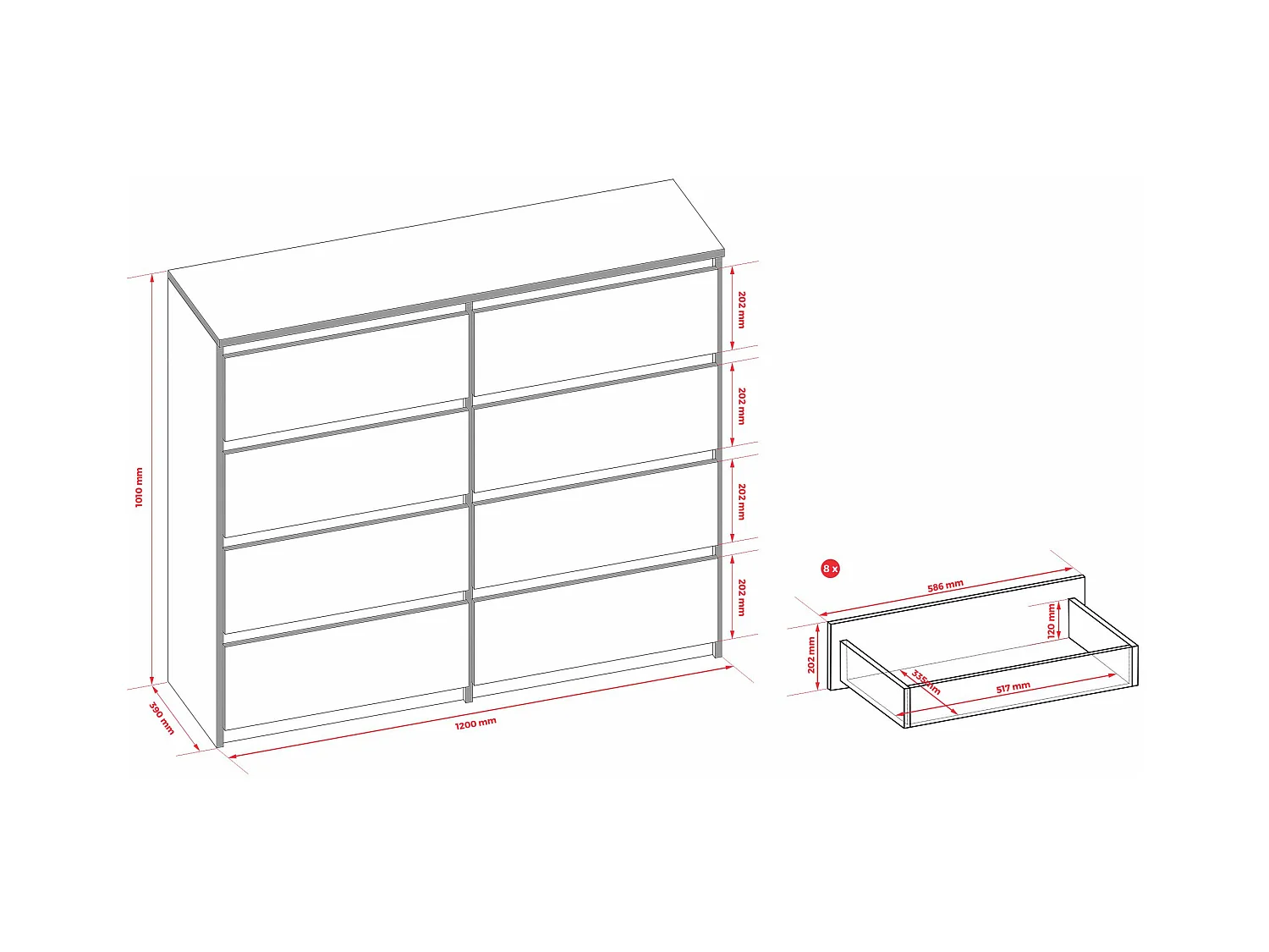 Ladekast met 8 lades, matzwart, 120 x 39 x 101 cm
