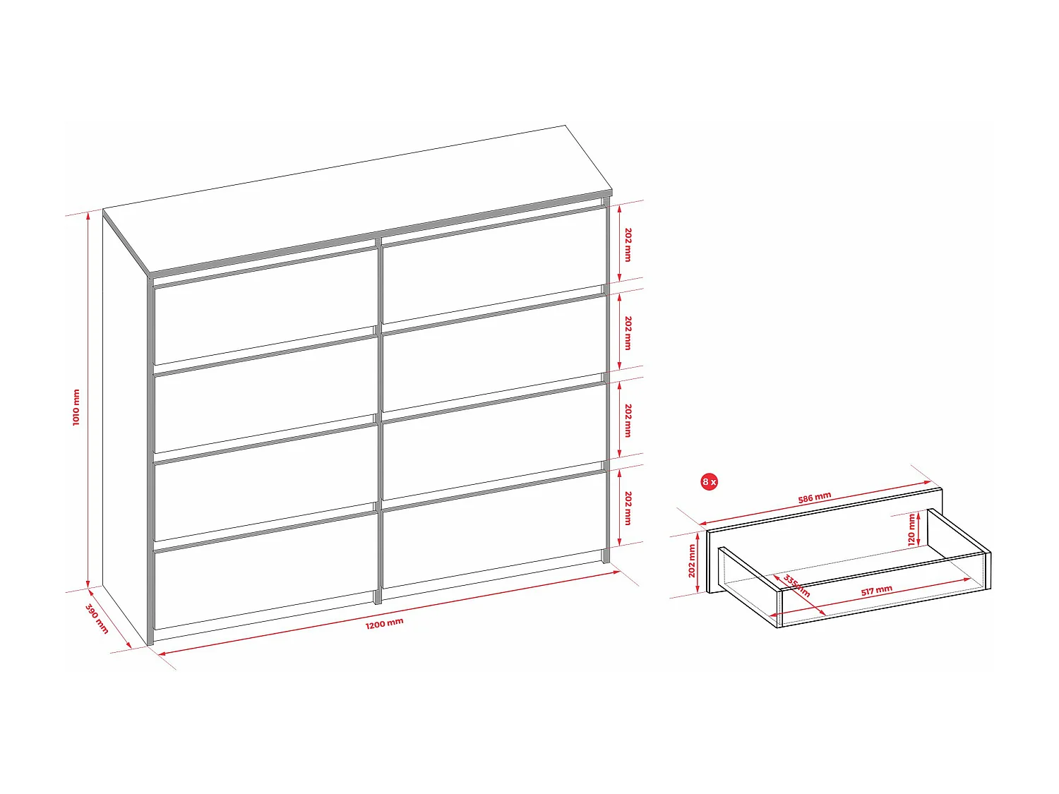Commode 8 Tiroirs, Noir Mat, 120 x 39 x 101 cm