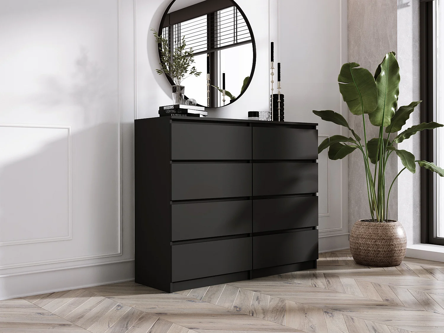 Commode 8 Tiroirs, Noir Mat, 120 x 39 x 101 cm