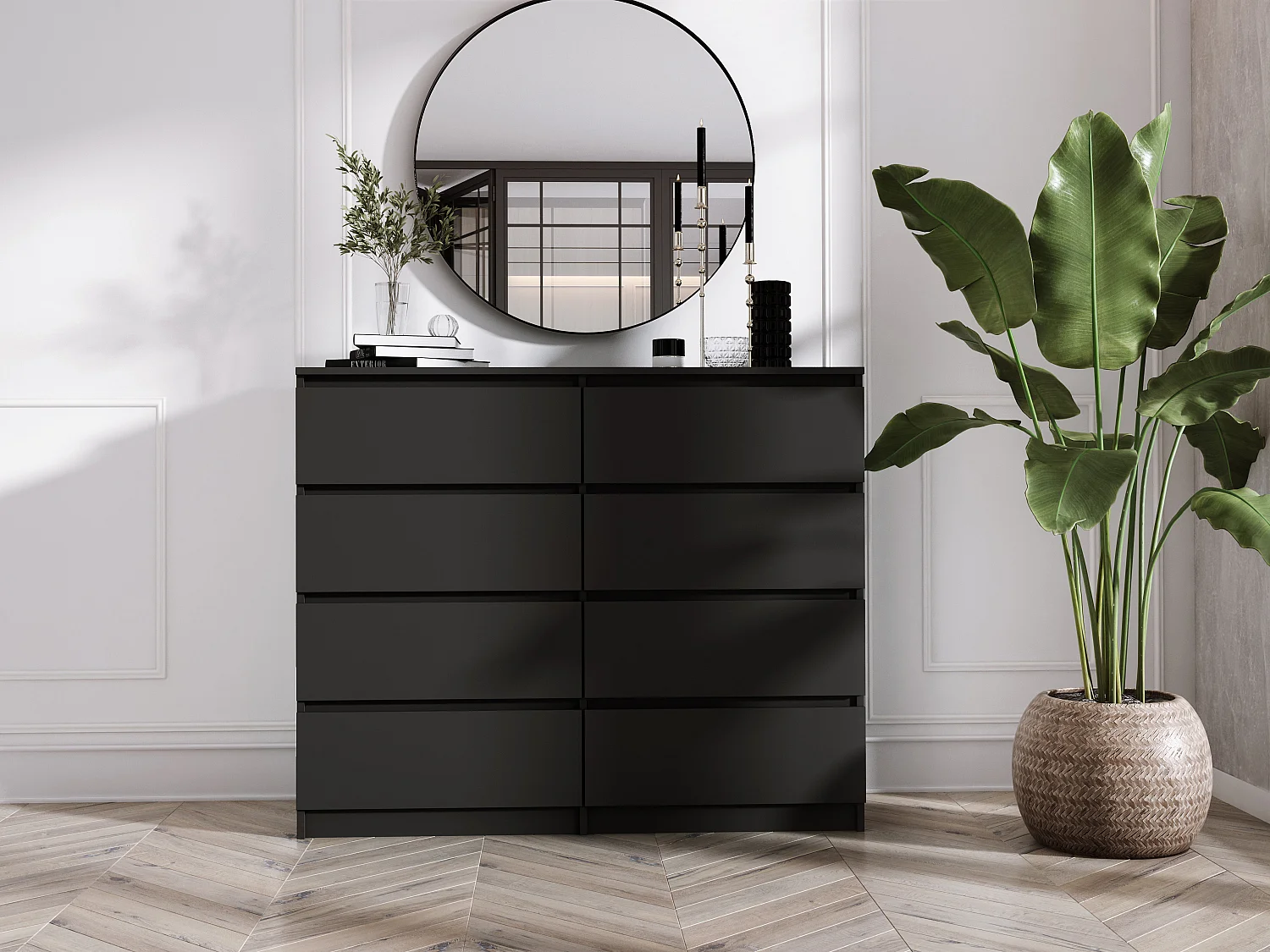 Commode 8 Tiroirs, Noir Mat, 120 x 39 x 101 cm