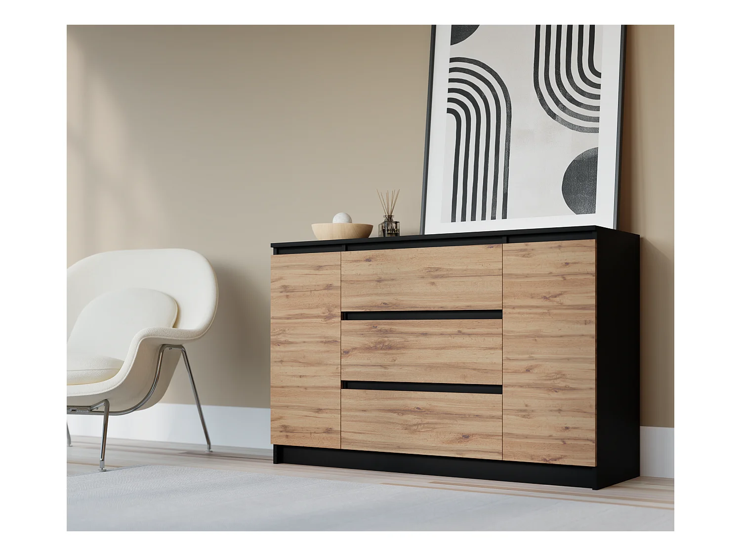 Commode : Noir Mat / Chêne Wotan, 120 x 78 x 39 cm, 2 portes, 3 tiroirs
