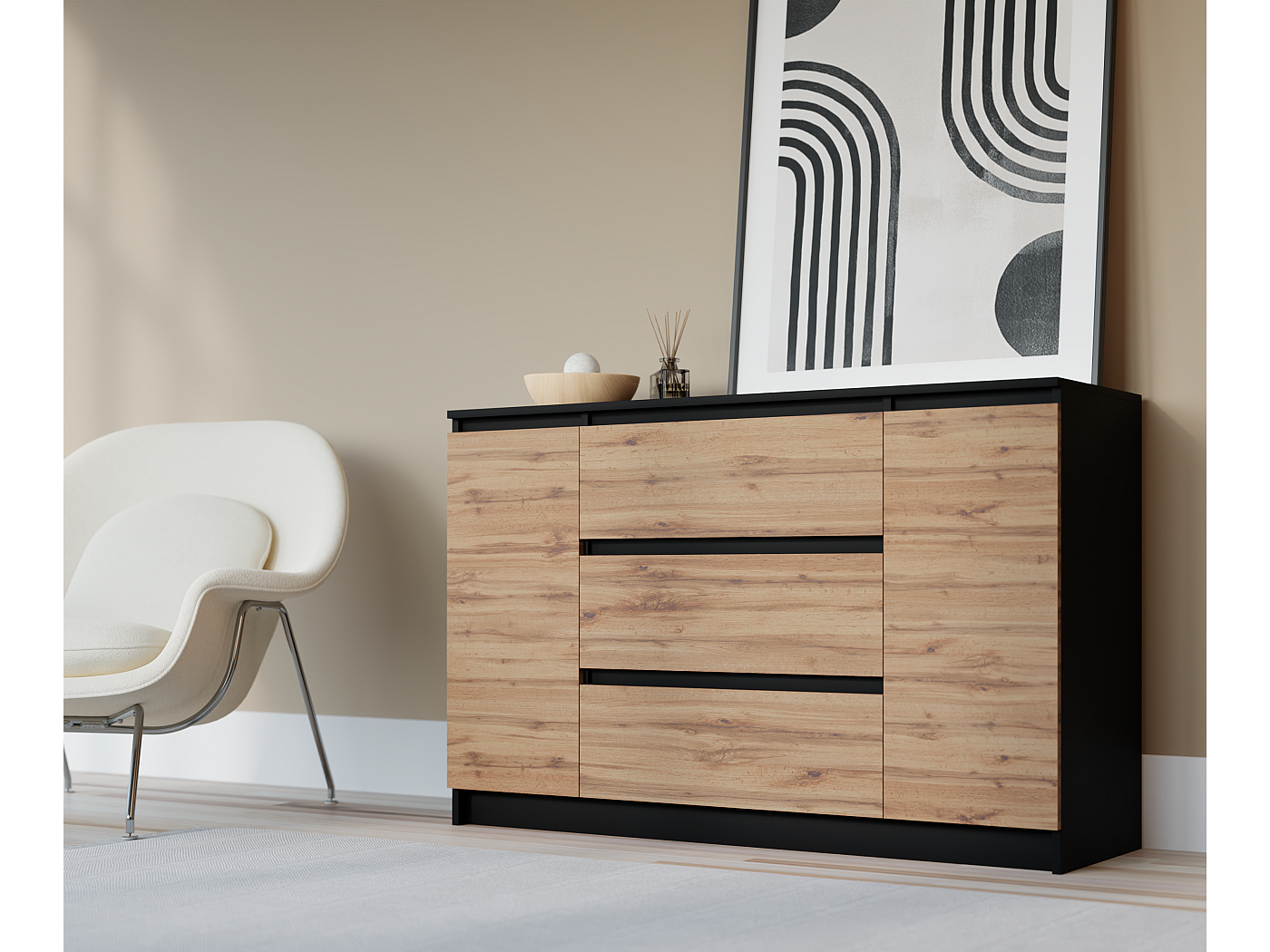 Commode : Noir Mat / Chêne Wotan, 120 x 78 x 39 cm, 2 portes, 3 tiroirs