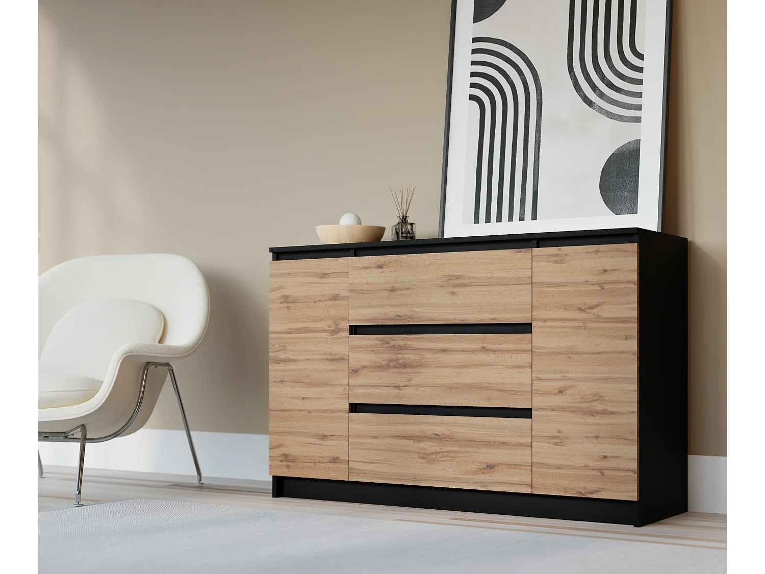 Cômoda: Preto Mate / Carvalho Wotan, 120 x 78 x 39 cm, 2 portas, 3 gavetas