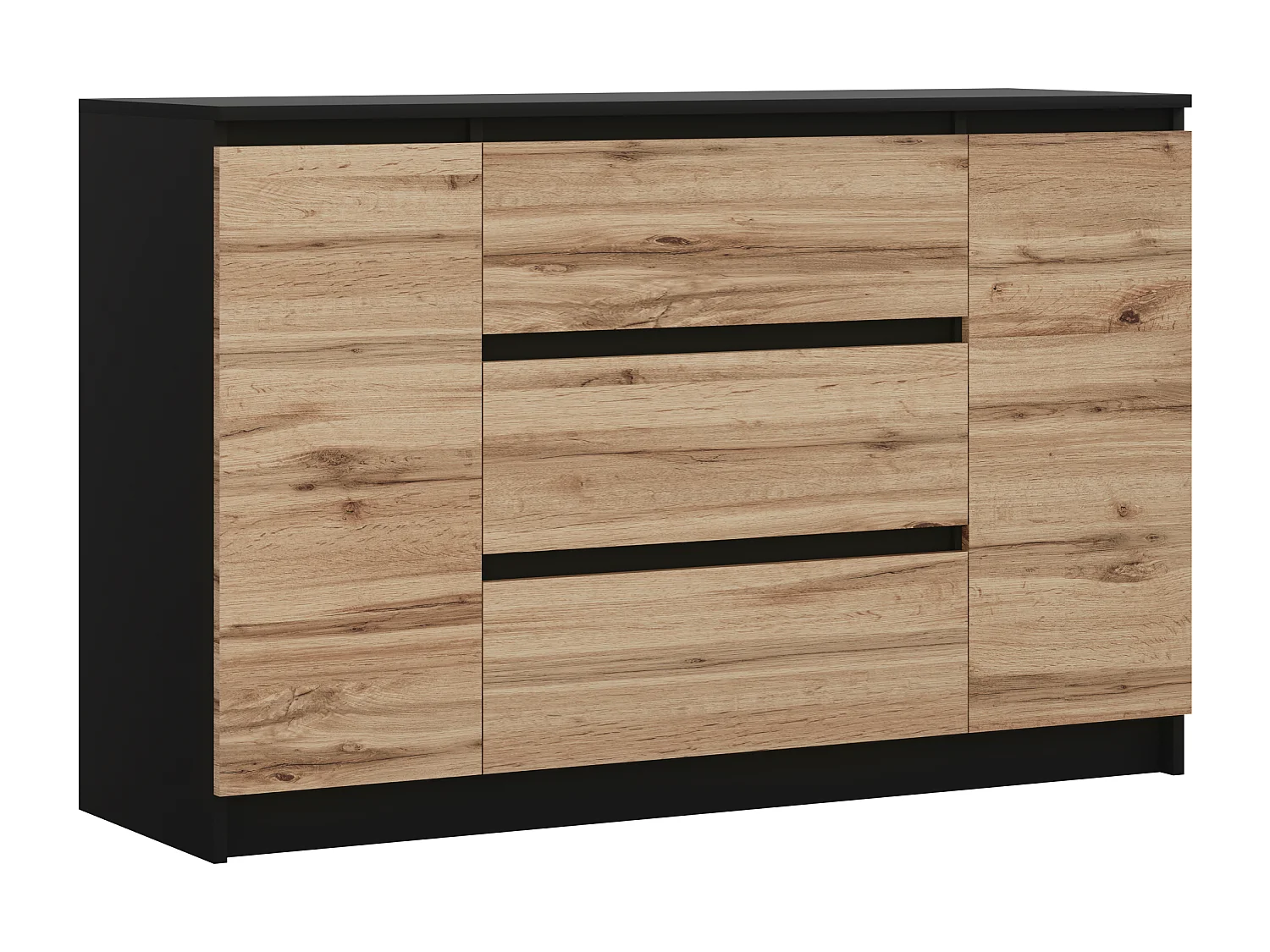 Cômoda: Preto Mate / Carvalho Wotan, 120 x 78 x 39 cm, 2 portas, 3 gavetas