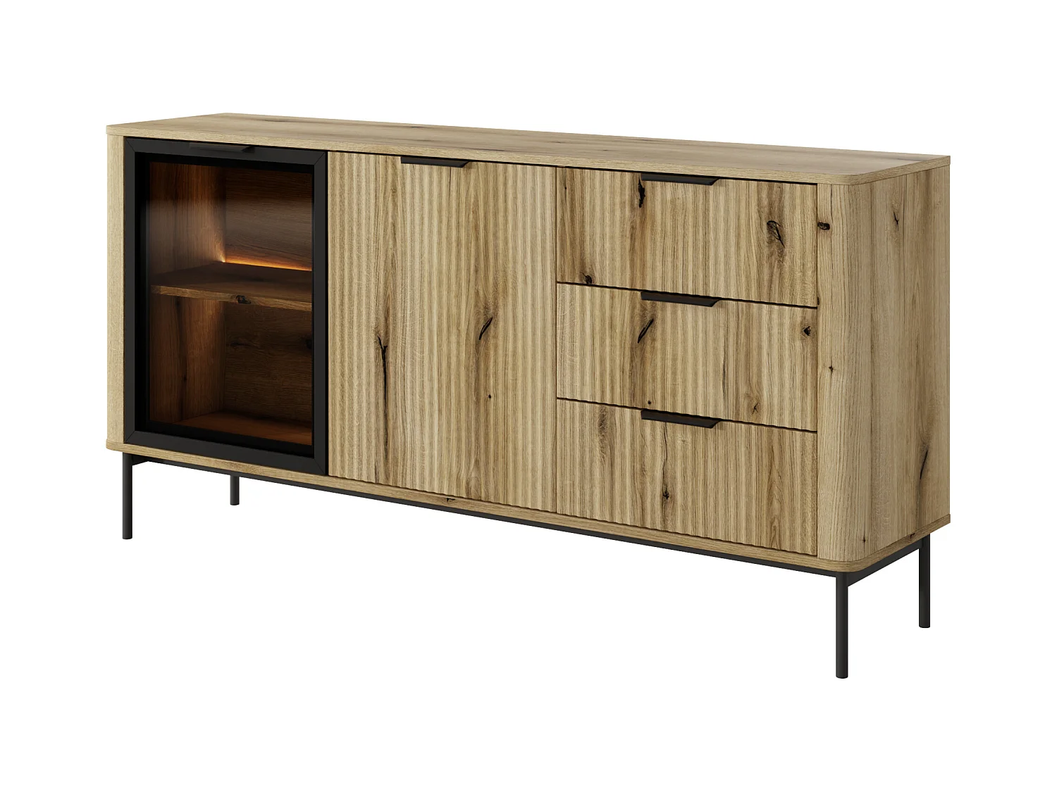 Commode : 3 Tiroirs, 2 Portes, Chêne Évoque, Pieds Noirs, Éclairage LED, 81,2 X 163,2 X 38 Cm