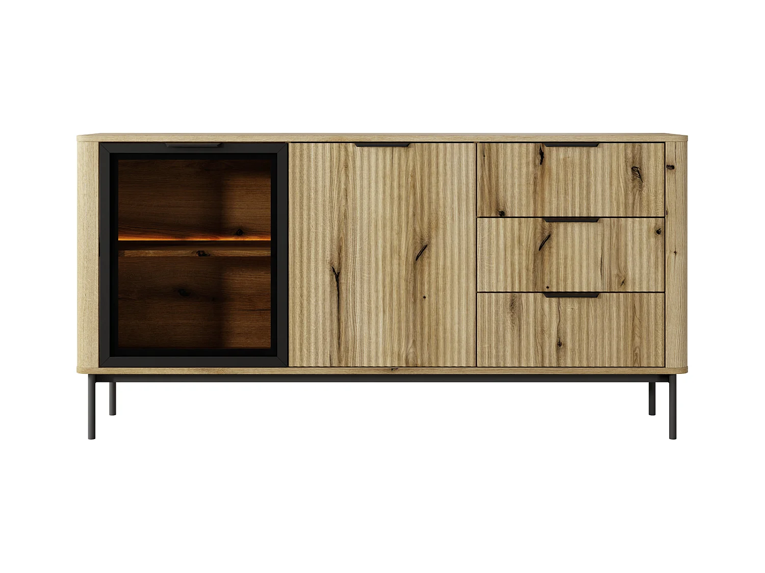 Commode : 3 Tiroirs, 2 Portes, Chêne Évoque, Pieds Noirs, Éclairage LED, 81,2 X 163,2 X 38 Cm