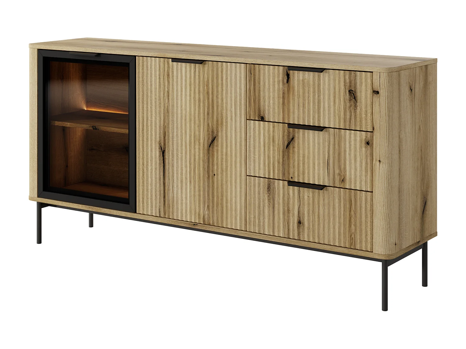 Commode : 3 Tiroirs, 2 Portes, Chêne Évoque, Pieds Noirs, Éclairage LED, 81,2 X 163,2 X 38 Cm