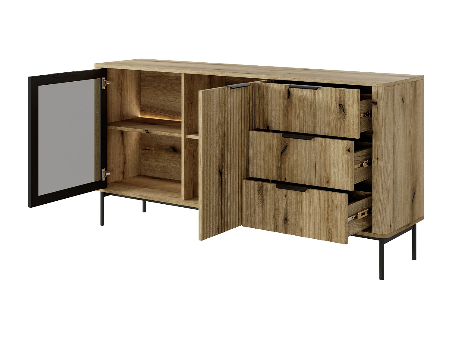 Commode : 3 Tiroirs, 2 Portes, Chêne Évoque, Pieds Noirs, Éclairage LED, 81,2 X 163,2 X 38 Cm