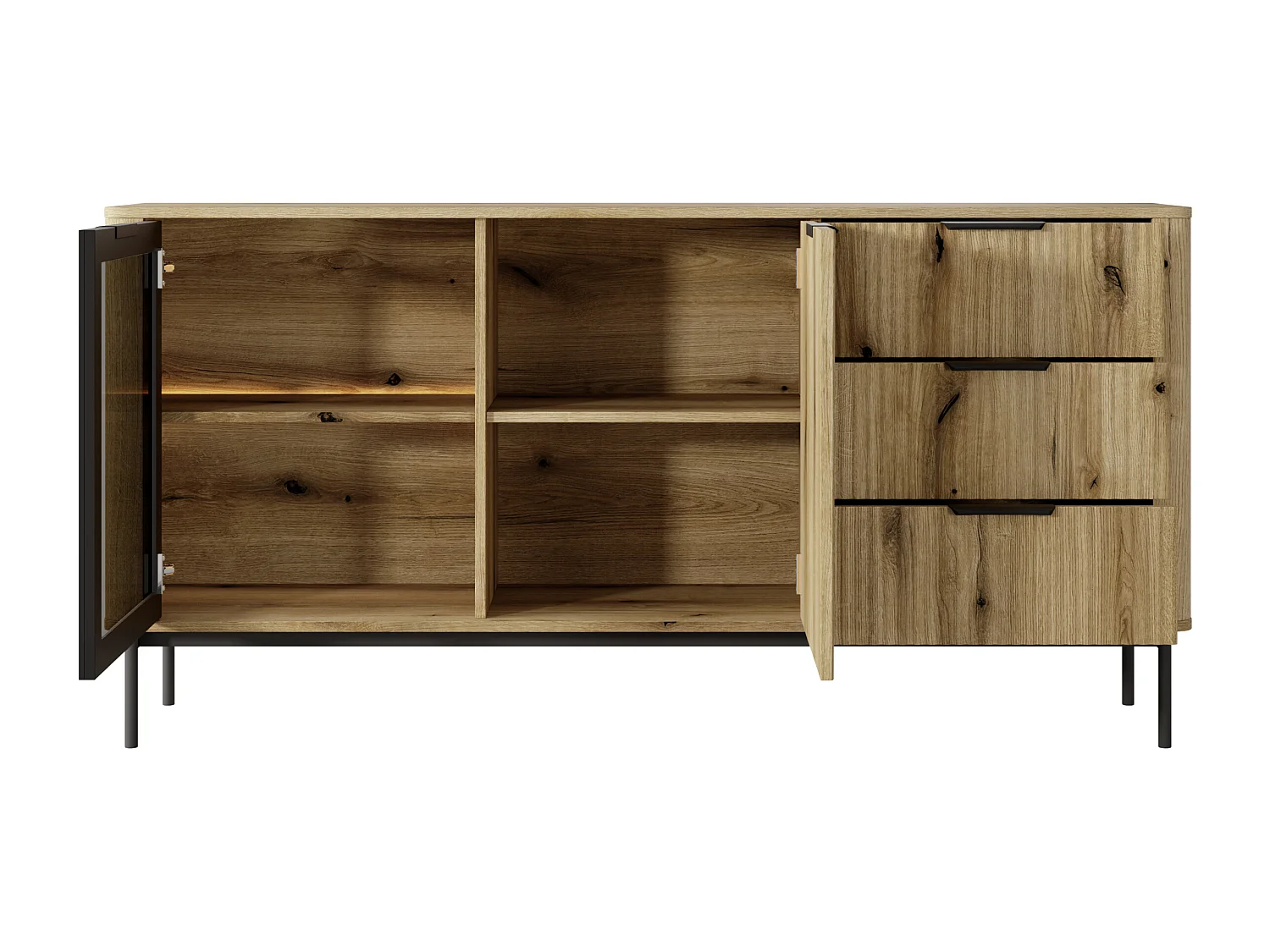 Commode : 3 Tiroirs, 2 Portes, Chêne Évoque, Pieds Noirs, Éclairage LED, 81,2 X 163,2 X 38 Cm