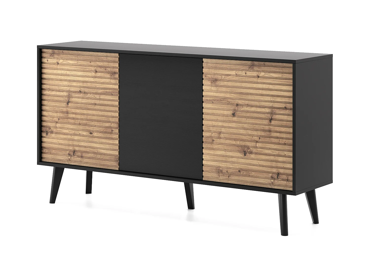 Commode : 3 portes, Noir / Chêne Artisan, 154 x 83 x 39 cm