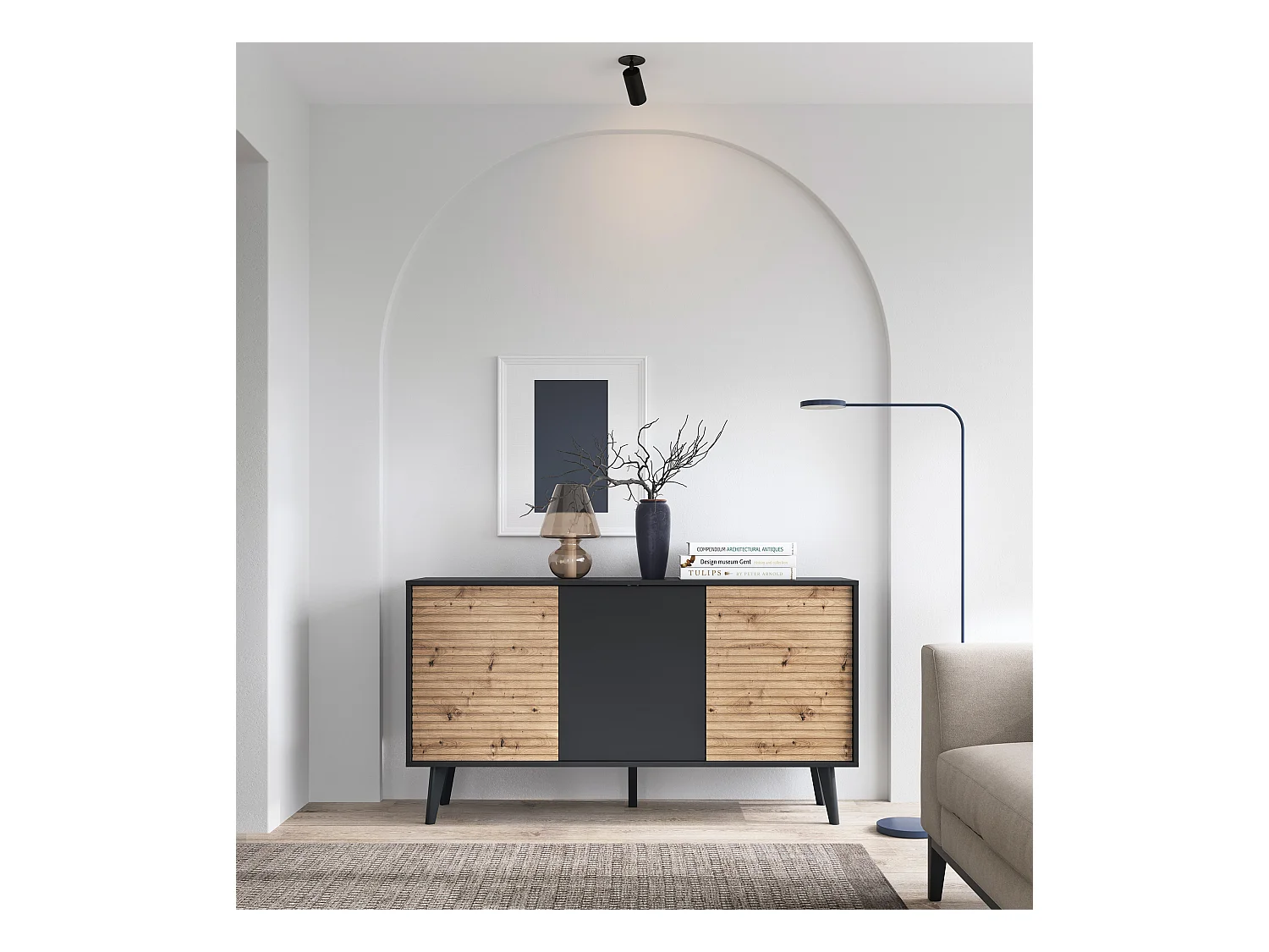 Commode : 3 portes, Noir / Chêne Artisan, 154 x 83 x 39 cm