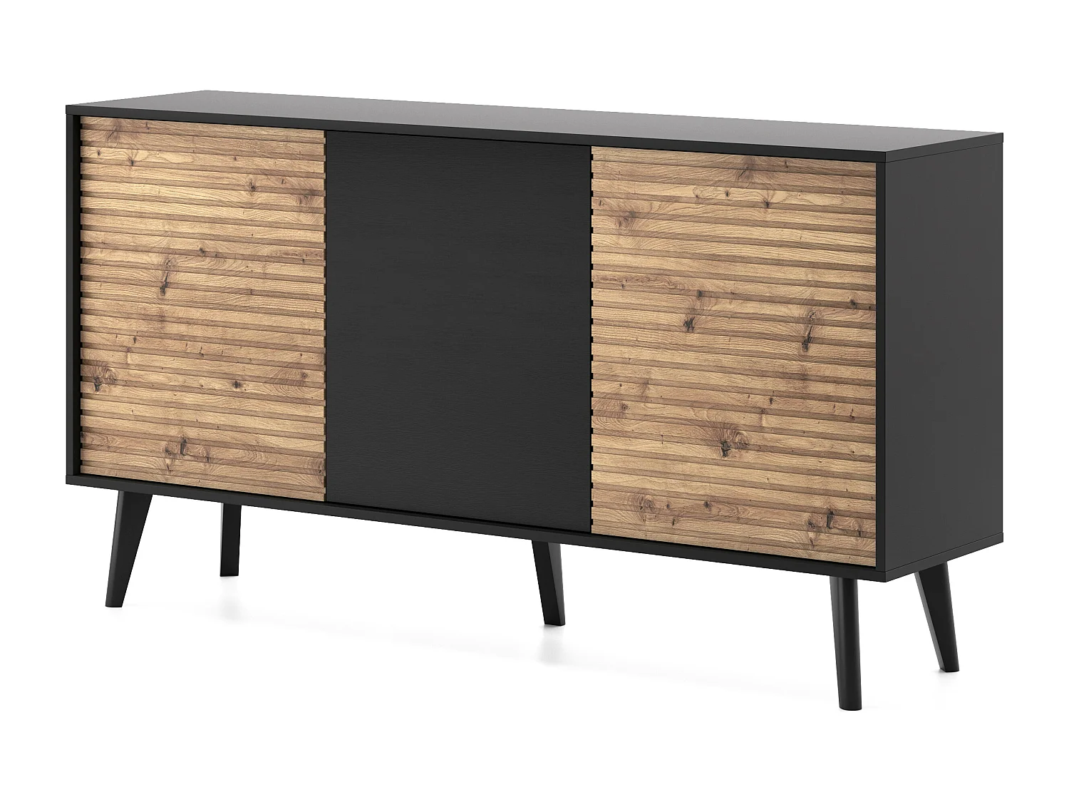 Commode : 3 portes, Noir / Chêne Artisan, 154 x 83 x 39 cm