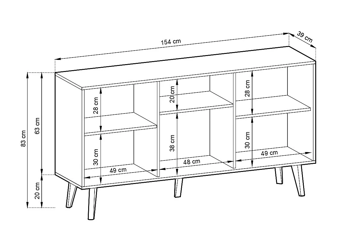 Commode : 3 portes, Noir / Chêne Artisan, 154 x 83 x 39 cm