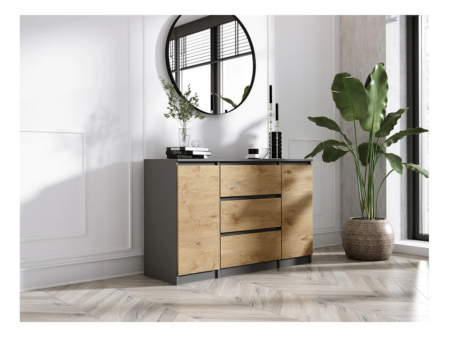 Komoda, Antracyt / Dąb Lancelot, 120 x 78 x 39 cm, 2 drzwi, 3 szuflady