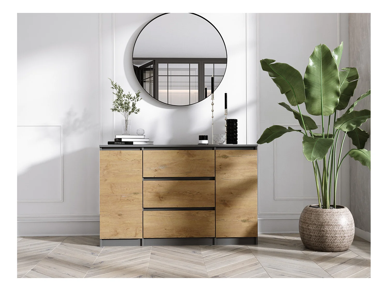 Commode,  Anthracite / Chêne Lancelot, 120 x 78 x 39 cm, 2 portes, 3 tiroirs