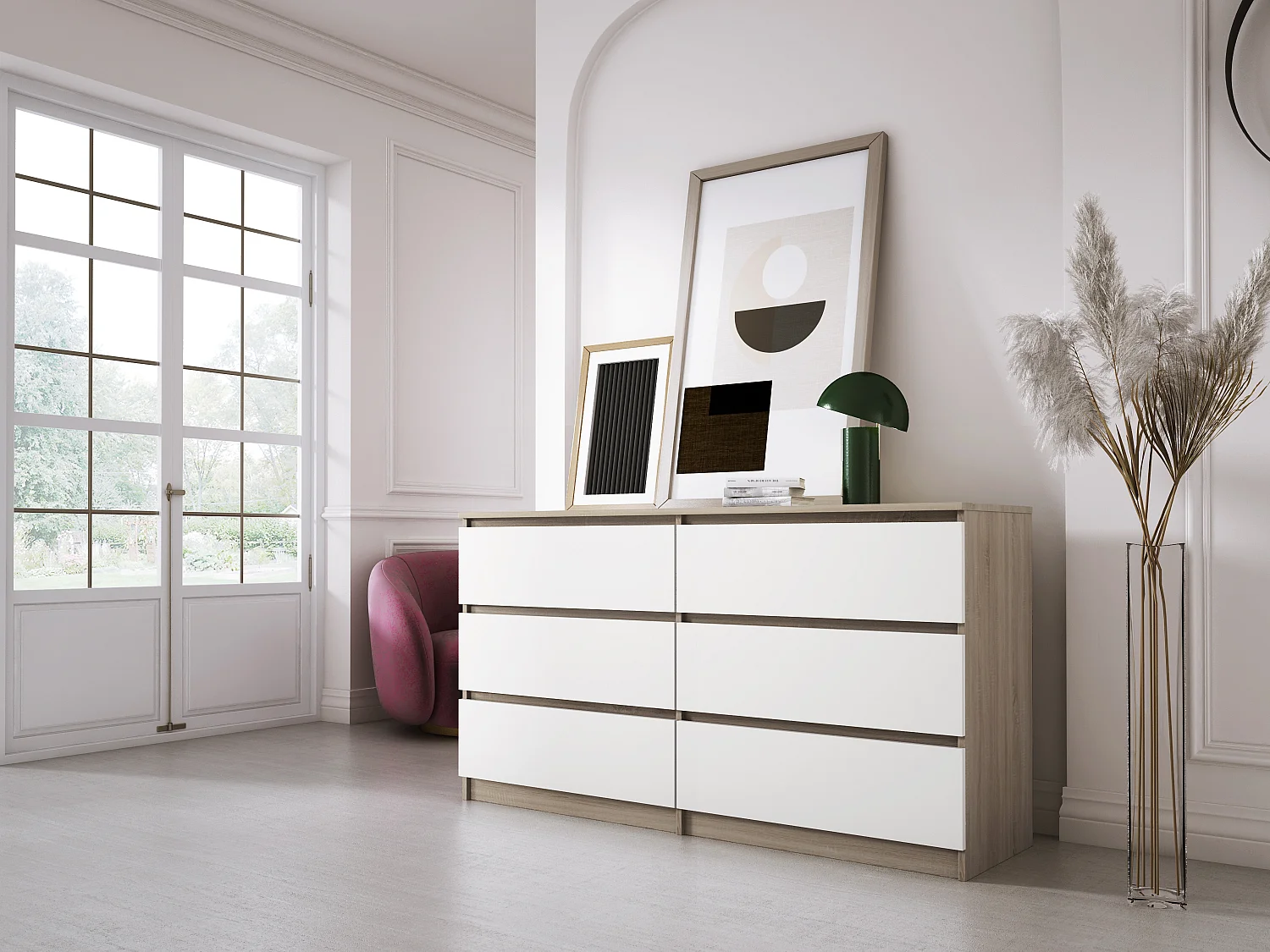 Commode 6 Tiroirs : Chêne Sonoma / Blanc Mat, 138 x 39 x 79 cm