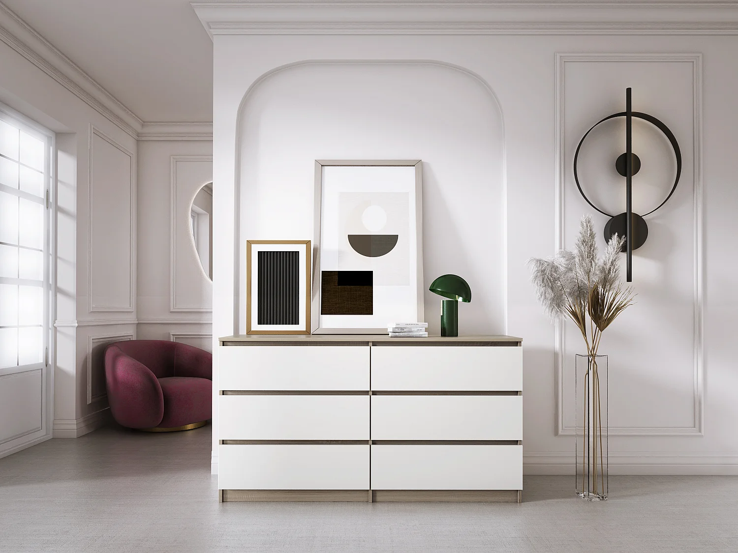 Commode 6 Tiroirs : Chêne Sonoma / Blanc Mat, 138 x 39 x 79 cm