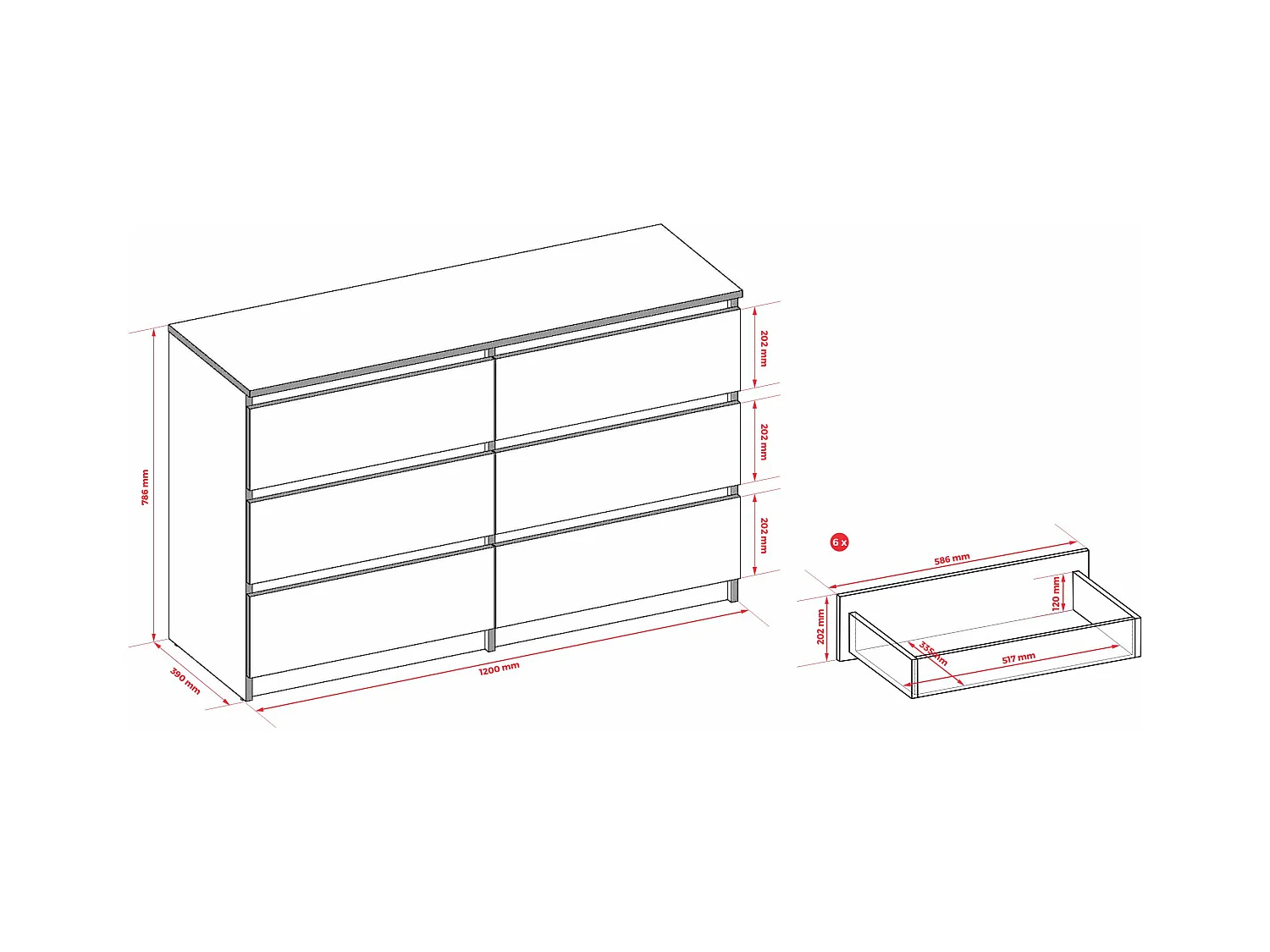 Commode : 6 tiroirs, caramel, 120 x 79 x 39 cm