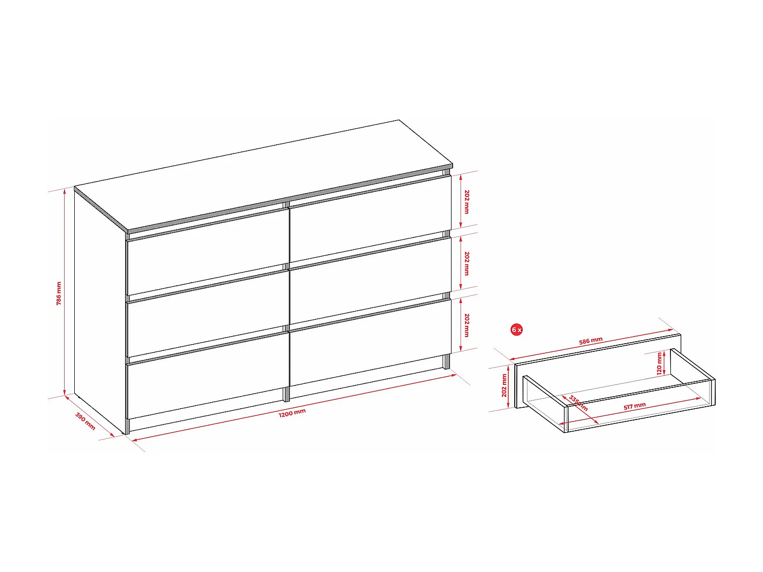 Commode : 6 tiroirs, caramel, 120 x 79 x 39 cm
