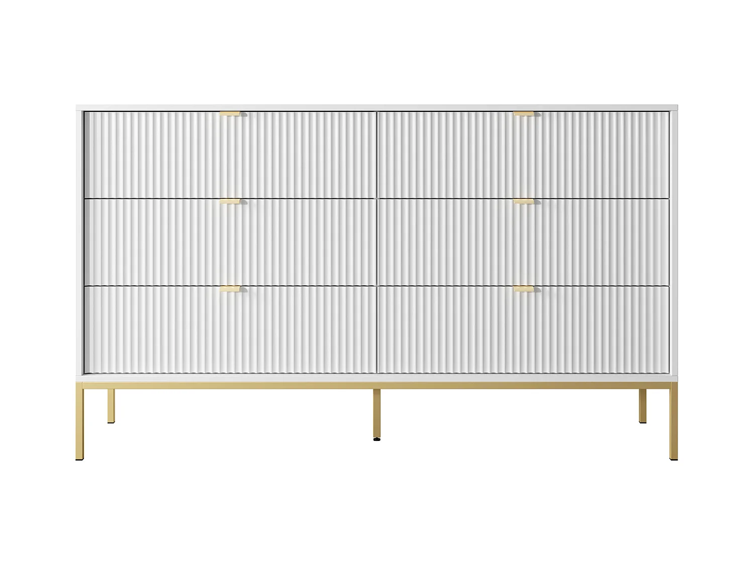 Commode : 6 Tiroirs, Blanc, Pieds Dorés, 154 x 39 x 83 cm, poignées dorées