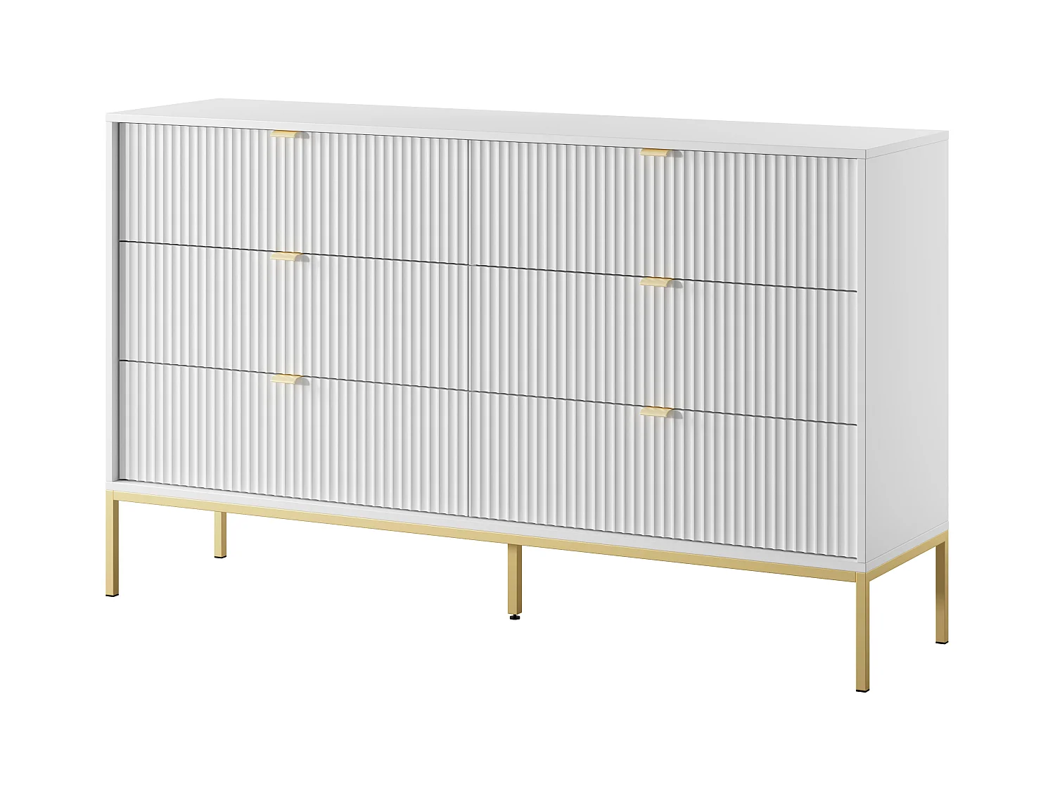 Commode : 6 Tiroirs, Blanc, Pieds Dorés, 154 x 39 x 83 cm, poignées dorées