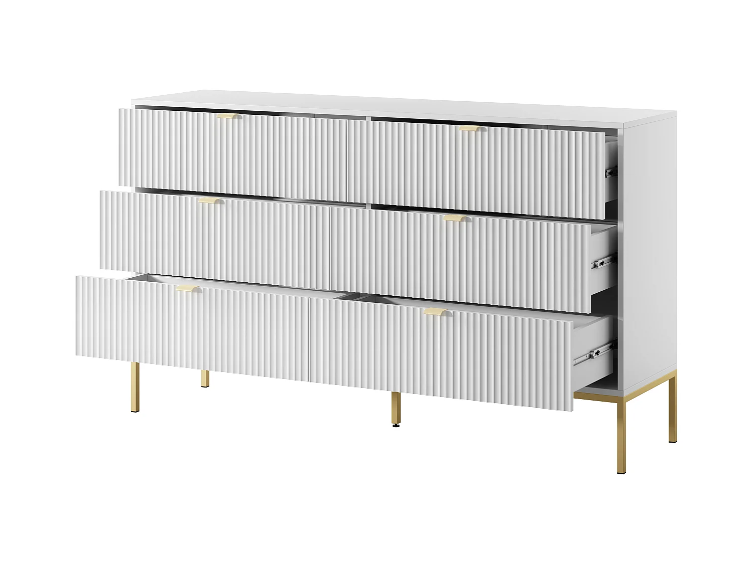 Commode : 6 Tiroirs, Blanc, Pieds Dorés, 154 x 39 x 83 cm, poignées dorées