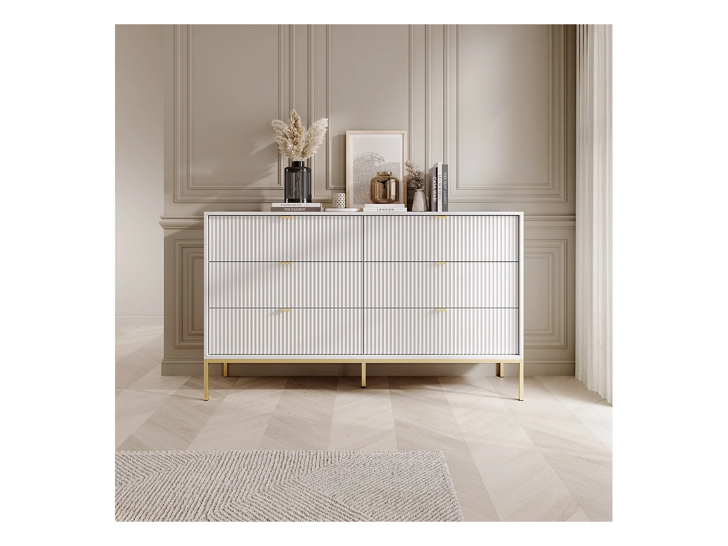 Commode : 6 Tiroirs, Blanc, Pieds Dorés, 154 x 39 x 83 cm, poignées dorées