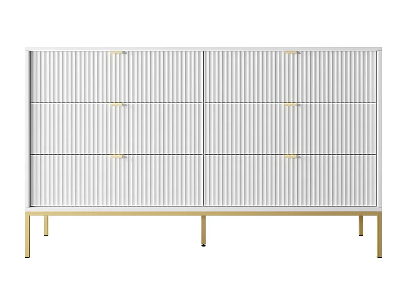 Komoda: 6 szuflad, biała, złote nóżki, 154 x 39 x 83 cm, złote uchwyty