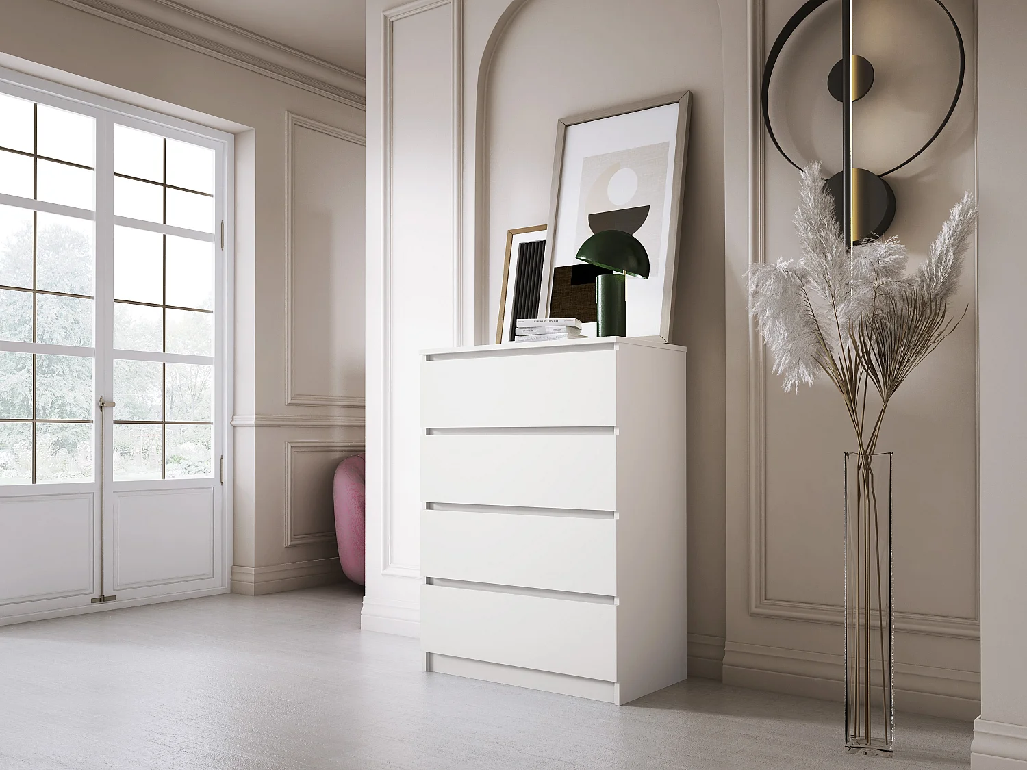 Commode 4 Tiroirs : Blanc Mat, 70 x 39 x 101 cm