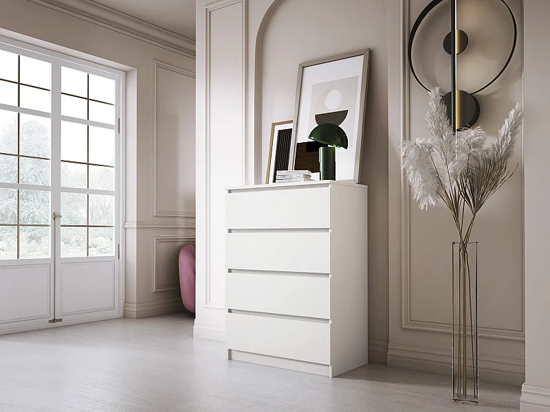 Commode 4 Tiroirs : Blanc Mat, 70 x 39 x 101 cm