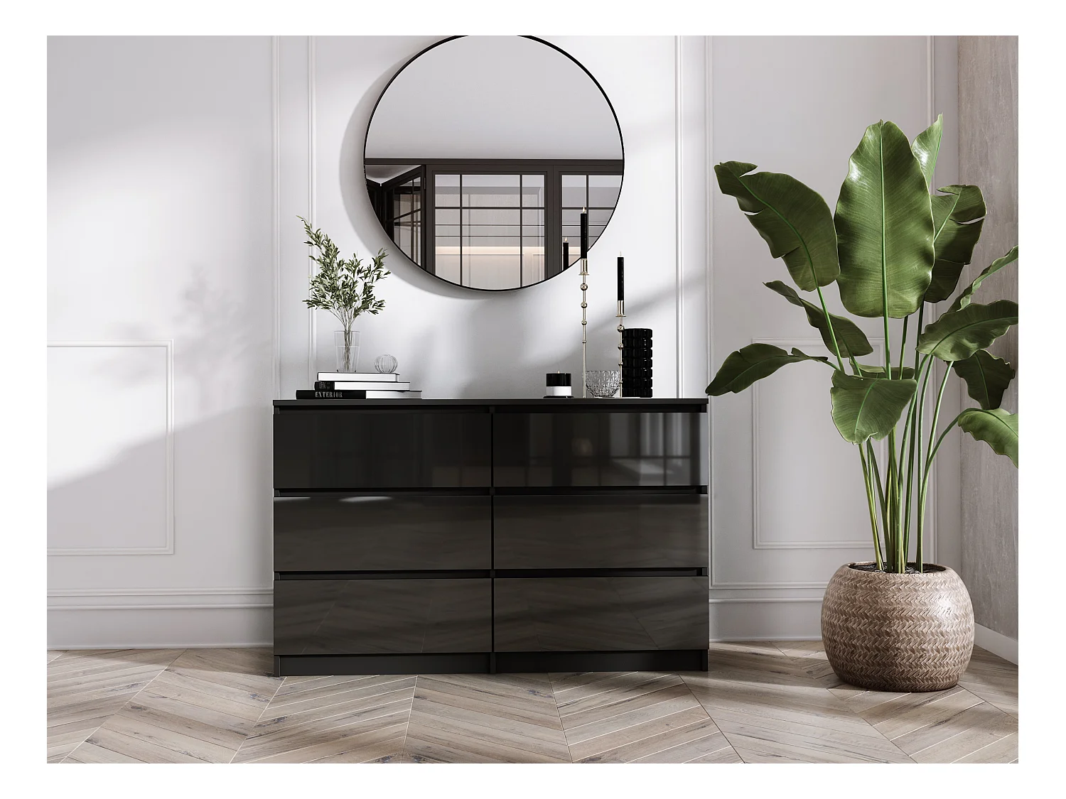 Komoda z 6 szufladami: czarna matowa / błyszcząca czarna, 120 x 39 x 79 cm