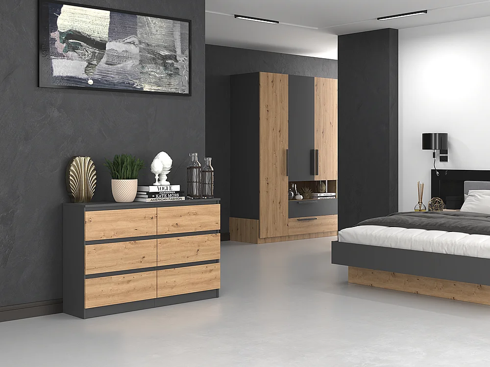 Commode : 6 Tiroirs, Anthracite/artisan, 30 X 75 X 120 Cm