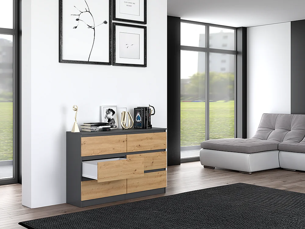 Commode : 6 Tiroirs, Anthracite/artisan, 30 X 75 X 120 Cm