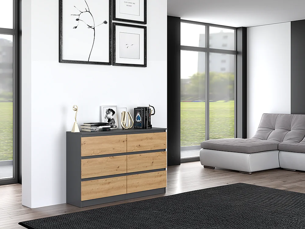 Kommode: 6 Schubladen, Anthrazit/Artisan, 30 x 75 x 120 cm