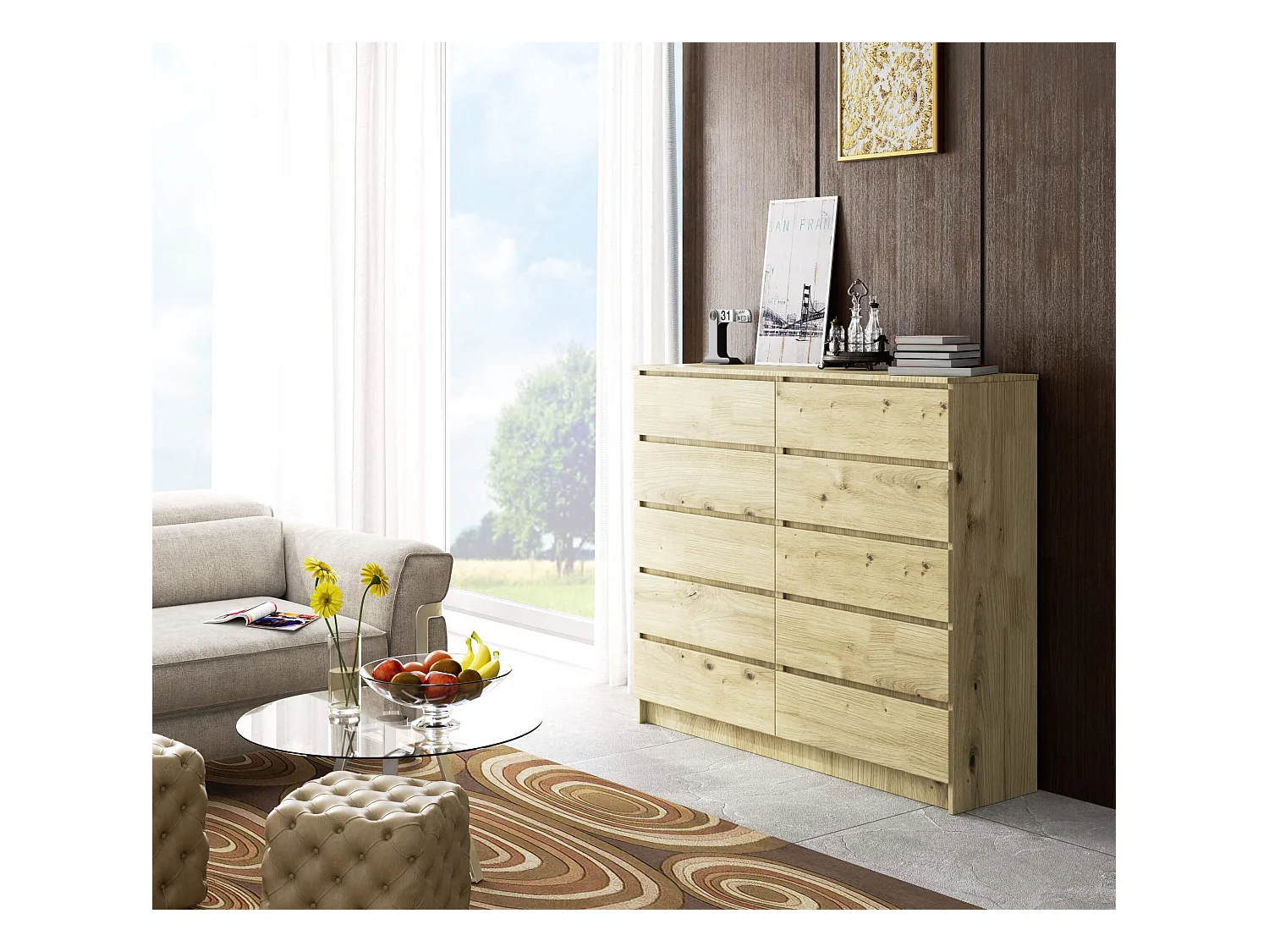 Kommode: 10 Schubladen, handgefertigte Eiche, 138 x 121 x 40 cm