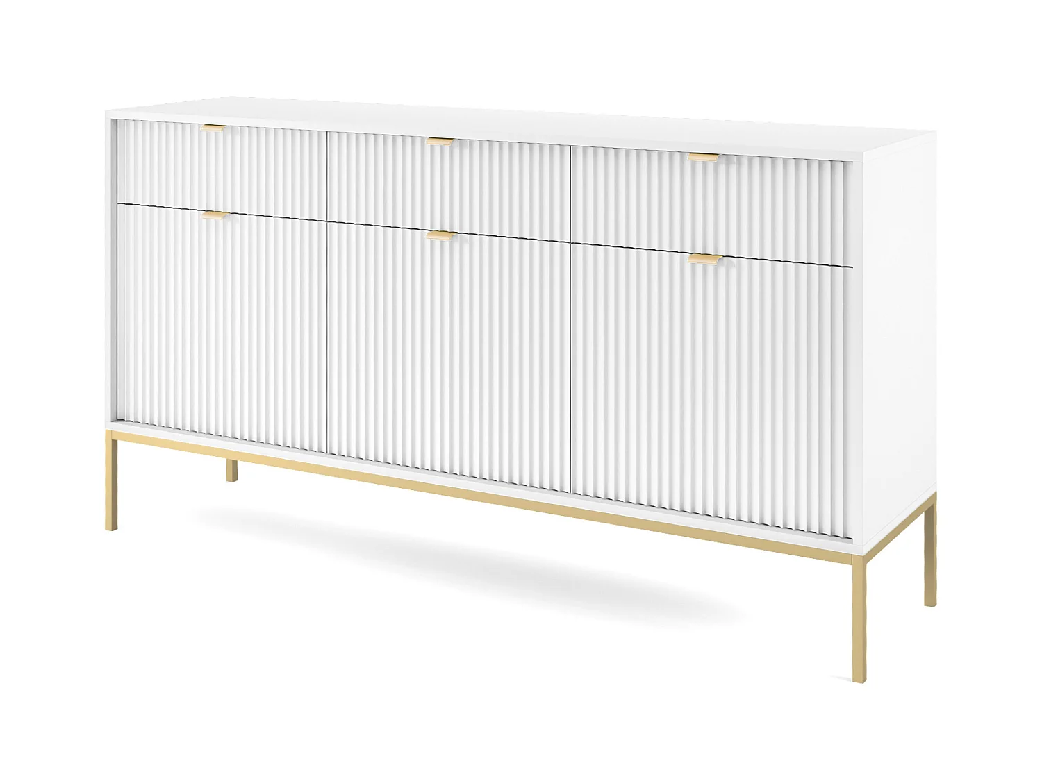 Komoda: 3 szuflady, 3 drzwi, biała, złota, 154 x 83 x 39 cm, złote uchwyty,