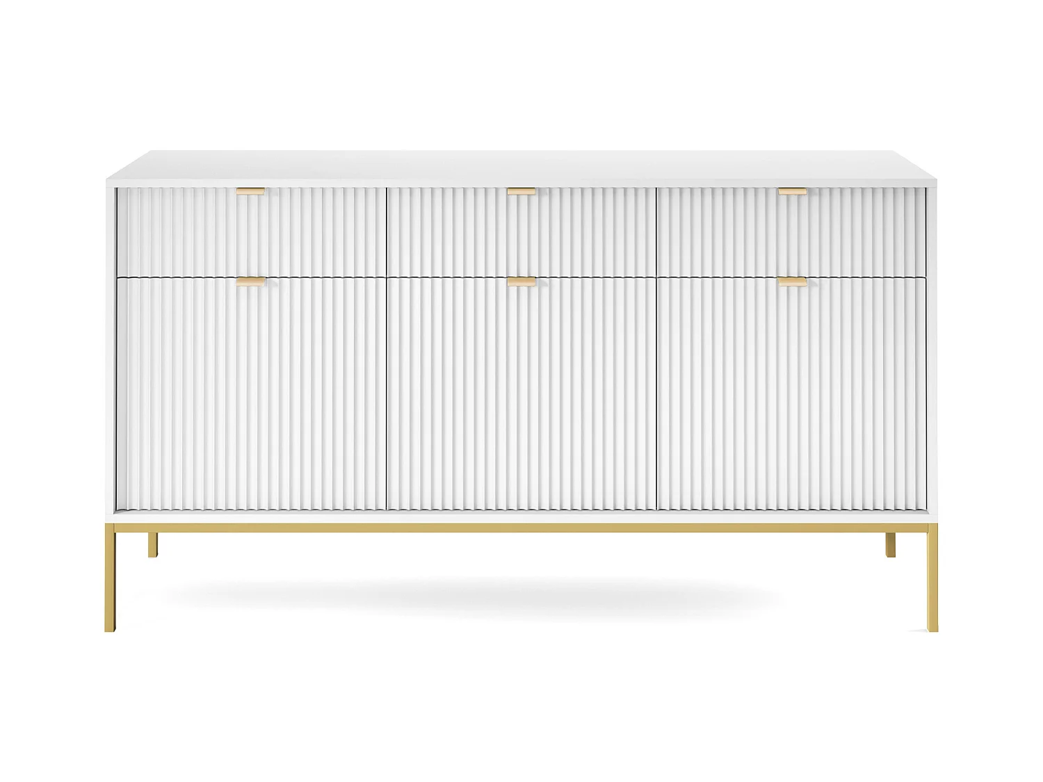 Commode : 3 Tiroirs, 3 Portes, Blanc, or, 154 x 83 x 39 cm, poignées dorées,