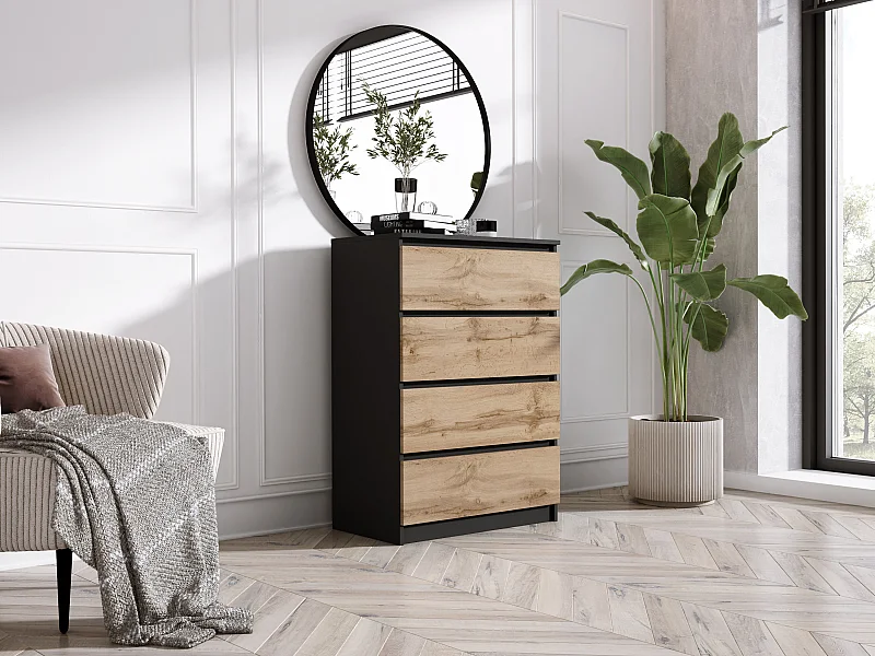 Kommode mit 4 Schubladen, Mattschwarz / Wotan-Eiche, 70 x 39 x 101 cm