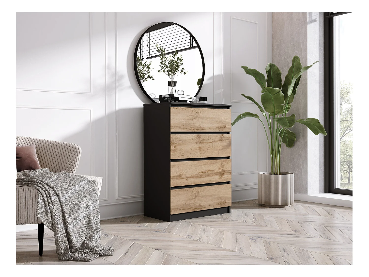 Commode 4 tiroirs, Noir Mat / Chêne Wotan, 70 x 39 x 101 cm