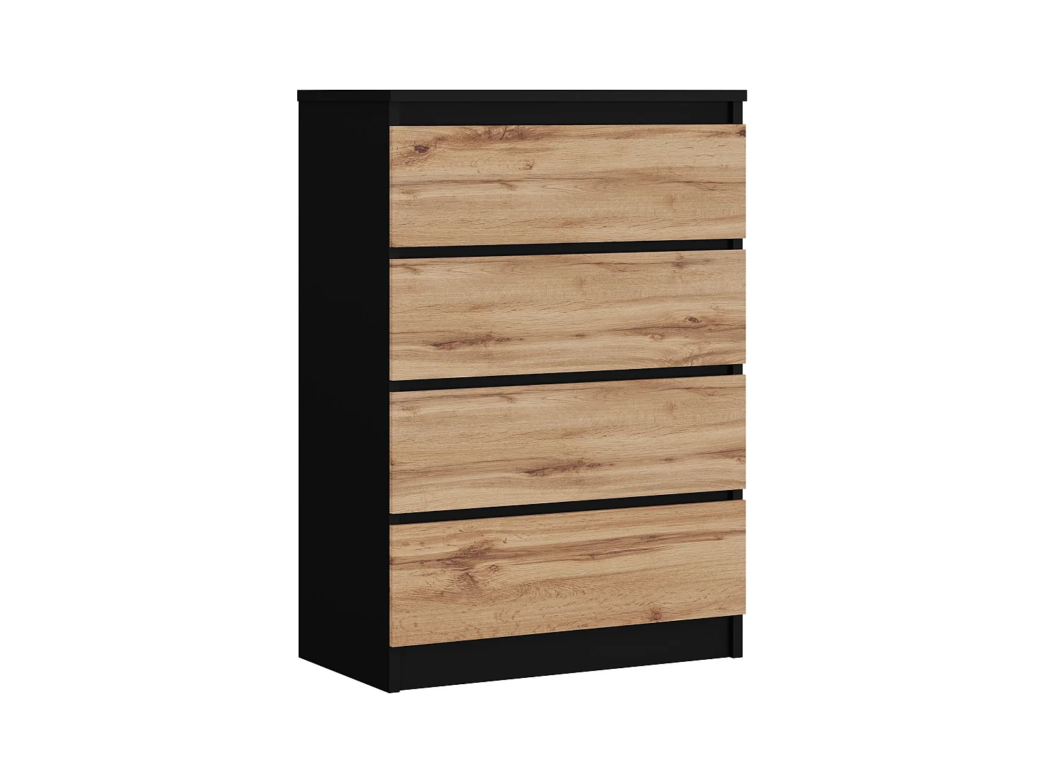 Commode 4 tiroirs, Noir Mat / Chêne Wotan, 70 x 39 x 101 cm